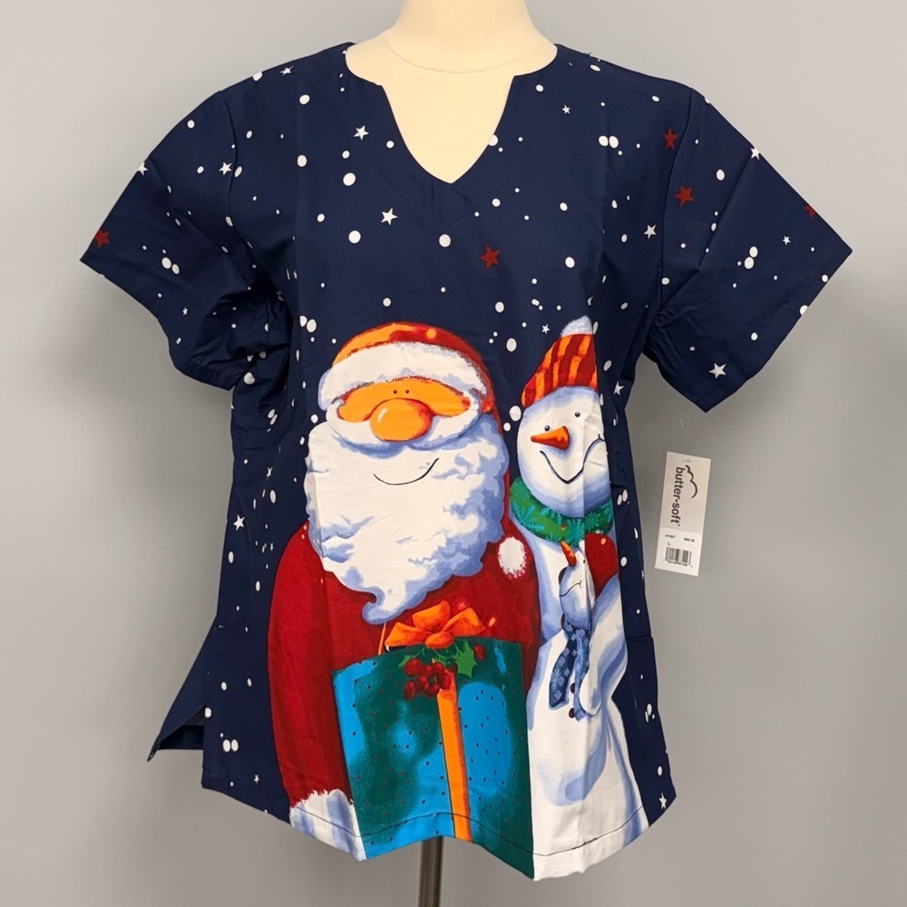 NWT Buttersoft Christmas Scrub Top L Navy Blue Santa & Snowman Family Scrubs